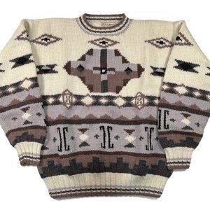 LL Bean Mens Wool Southwestern Aztec Sweater Large Heavy Thick Knit Crew Vintage